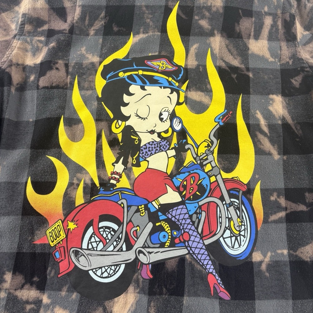 Betty Boop Biker Graphic Plaid Button Down Flannel Bleach Acid‎ Wash Shirt Large